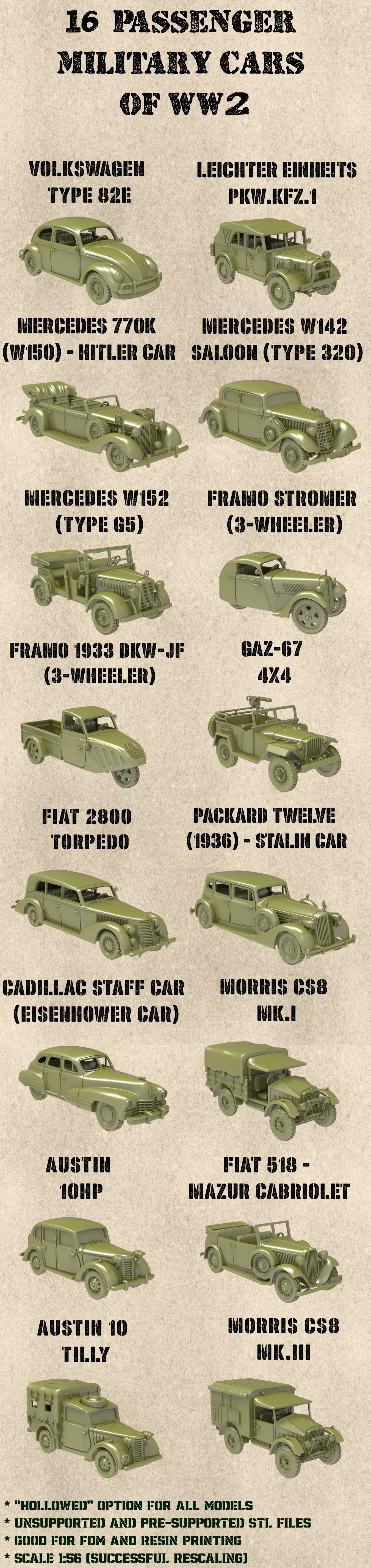 STL PACK - 16 Passenger Military Cars of 1930-1945 years (Volume 1) (scale 1:56) - PERSONAL USE